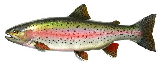 Big rainbow trout. River fish side view, illustration isolate realistic on white background. - 650830901