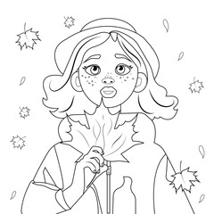 Vector outline illustration, developing coloring page of a young girl with freckles in a hat and jacket looking at falling autumn leaves on an isolated white background.
