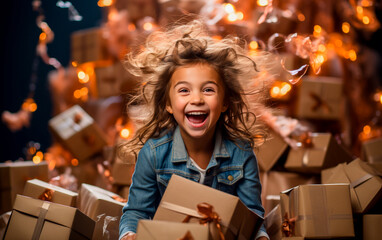 Many gift boxes falling around a young happy surprised child - obrazy, fototapety, plakaty