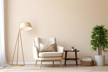Home interior with armchair and decor in cream color living room, Generative AI 