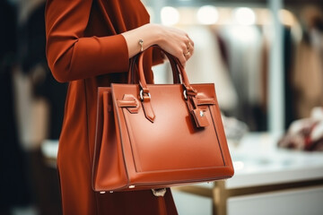 Female shopper trying on and choosing a luxury handbag to matching her elegant style