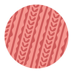 Round sticker. Vector red knitted textile patchwork. Best for web, print and New Year element, Christmas circle decoration, Winter design element for Postcard, Card, Flyer.