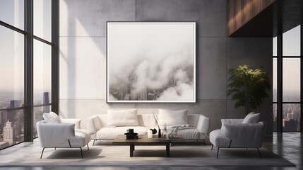 A Mockup poster blank frame, hanging on glass wall, above glass coffee table, Contemporary penthouse