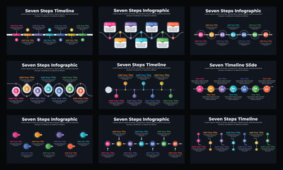 Marketing infographic elements or template bundle for presentation slide with dark theme