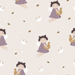 Seamless pattern with flowers and cute fairy girl sitting with toy