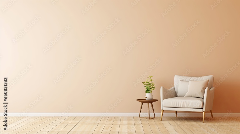 Wall mural modern minimalist interior with an armchair on empty cream color wall background, generative ai