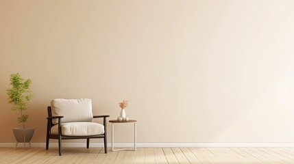 Modern minimalist interior with an armchair on empty cream color wall background, Generative AI 