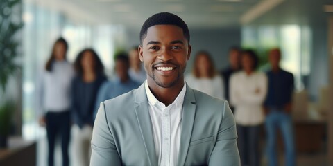 Confident young African American businessman standing in front of his team on blurred modern office background with copy space. - obrazy, fototapety, plakaty