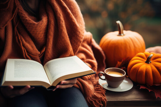 Cozy scene of a person wrapped in a warm scarf, sipping a pumpkin spice latte, and enjoying a book on a crisp autumn day