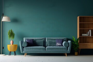 Empty living room with green sofa on empty dark blue wall background, Generative AI 