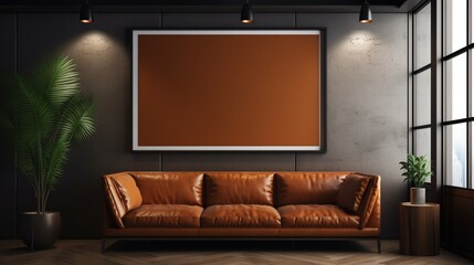 A Mockup poster blank frame, hanging on leather wall, above leather sectional sofa, Luxurious penthouse - obrazy, fototapety, plakaty
