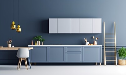Cabinets for TV in a room, dark blue walls ,3D rendering, Generative AI 