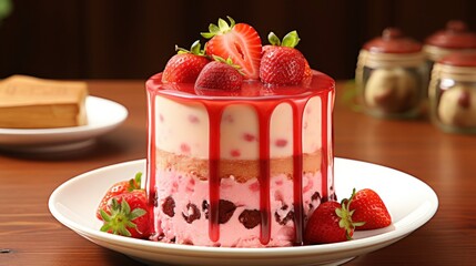 Strawberry cake on a wooden background, Generative AI