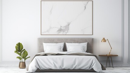 A mockup poster blank frame, hanging on a chiselled marble wall, elevates the design of a modern bed.