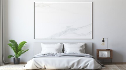 A mockup poster blank frame, hanging on a sawed marble wall, complements the sleek design of a modern bed.