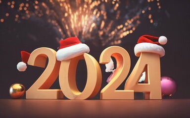 A joyful 2024 welcome illustration adorned with festive elements, conveying warm wishes for a Happy New Year and Merry Christmas, creating a heartwarming atmosphere of celebration and hope.