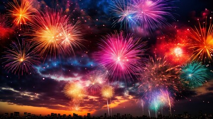 Fototapeta na wymiar Fireworks at New Year in the night sky, Generative AI