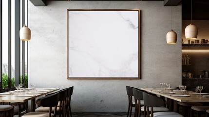 A Mockup poster blank frame, hanging on marble wall, above glass-top dining table, Contemporary restaurant
