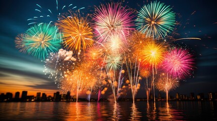 Fototapeta na wymiar Fireworks at New Year in the night sky, Generative AI