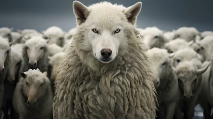Fotobehang A wolf in sheep's clothing. Beware of false accusers - they come to you in sheep's clothing, but inside they are predatory wolves. © Vadim