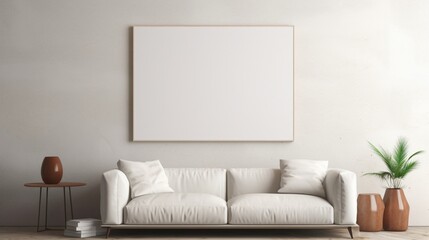 A Mockup poster blank frame, hanging on marble wall, above minimalist coffee table, Contemporary loft