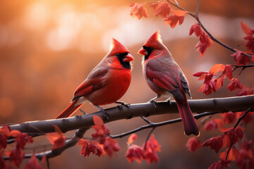 Pair of cardinal birds in an autumn scene