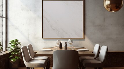 A Mockup poster blank frame, hanging on marble wall, above glass-top dining table, Contemporary restaurant