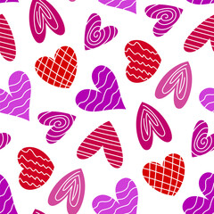 Small different beautiful multi-colored hearts isolated on a white background. Cute seamless pattern. Vector simple flat graphic illustration. Texture.