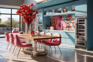 Interior of spacious pop art inspired light kitchen with pop art furniture and pop art portrait in...