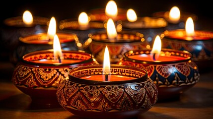 Happy Diwali - festival of lights colorful background with decorative Diya lamp and Rangoli, Generative AI
