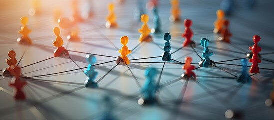 Individuals connecting with diverse teams forming a network symbolizing abstract communication with linked ropes - obrazy, fototapety, plakaty