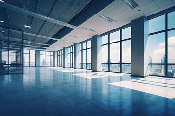 Fototapeta premium Empty office hall open space interior. Business conference company background with glas front - Generative AI