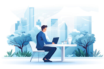 businessman working at a laptop. In drawing style