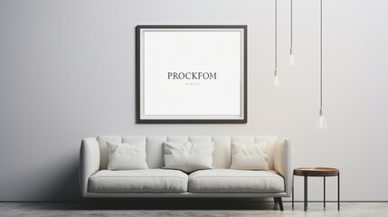 A Mockup poster blank frame, hanging on glass wall, above glass coffee table, Contemporary art gallery