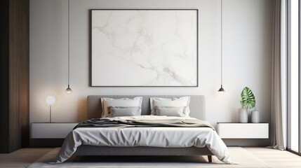 Fototapeta na wymiar A mockup poster blank frame, hanging on a chiselled marble wall, elevates the design of a modern bed.