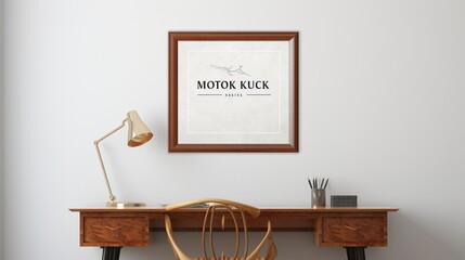 A Mockup poster blank frame, hanging on marble wall, above vintage writing desk, Classic study