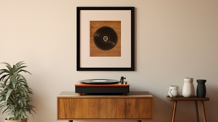 A Mockup poster blank frame, hanging on wood-paneled wall, above vintage record player, Retro vinyl den