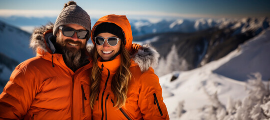 Portrait of a smiling Caucasian man and woman couple wearing orange coats and sunglasses on top of a snowy mountain.