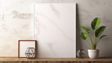 A mockup poster blank frame, suspended on a chiselled marble wall, adds a touch of artistic flair to the space.