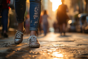 Feet in old sneakers on the sidewalk at sunset - Powered by Adobe