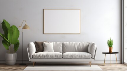 A mockup poster blank frame takes center stage on a sawed marble wall in a modern living room.