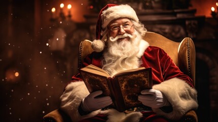 Santa Claus sits smiling in an armchair and reads from an old book