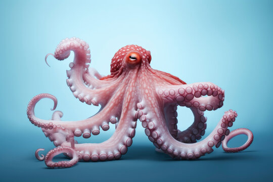 Sea life macro concept. orange octopus on blue background. copy space. exotic food
