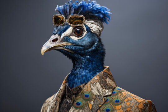 Humanised animals concept. funny character personage. humanized peacock in funny suit on blue background