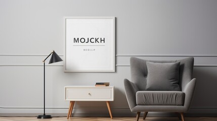A Mockup poster blank frame, tastefully placed on a marble wall, enhancing the aesthetics of a modern bed, surrounded by carefully chosen furniture in a modern living room. Delivered in