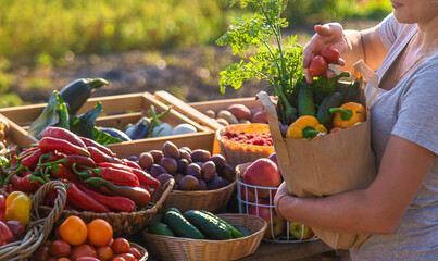 A woman buys fruits and vegetables at a farmers market. Selective focus.