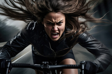 Obraz na płótnie Canvas Cyclist pedaling fast on a road bike with wind-blown hair