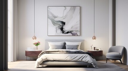 A Mockup poster frame, exuding timeless elegance, hanging on a marble wall above a modern bed, transforming a contemporary living room into a work of art. Superb