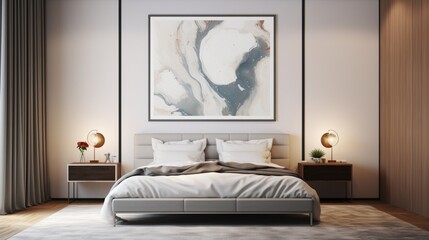 A Mockup poster frame, exuding timeless elegance, hanging on a marble wall above a modern bed, transforming a contemporary living room into a work of art. Superb
