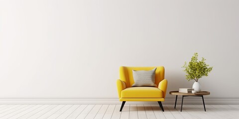 Living room interior with yellow fabric armchair and table on empty white wall background,...
